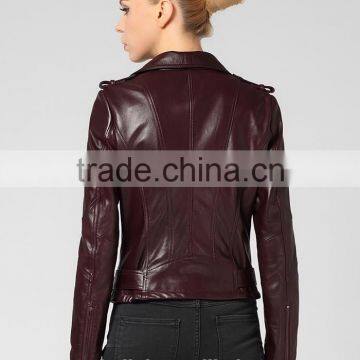 Newest German Style Lady Pure Lambskin Trendy Red Wine Leather Jacket photo-4