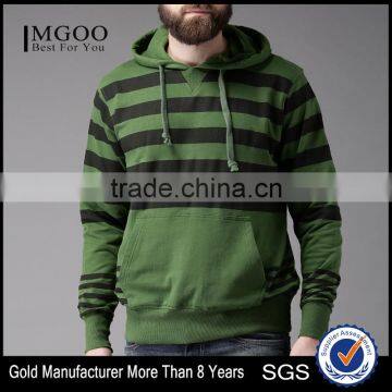 Green Black Striped Hooded Sweatshirt Custom Wholesale Long Sleeves Kangaroo Pocket Ribbed Hem Sweater 60% Cotton 40% Polyester