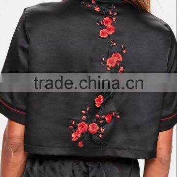 Black Satin Pyjamas Set Button Fastening Fit Crop Shirt With Piping Back Floral Applique And Elasticated Shorts photo-5