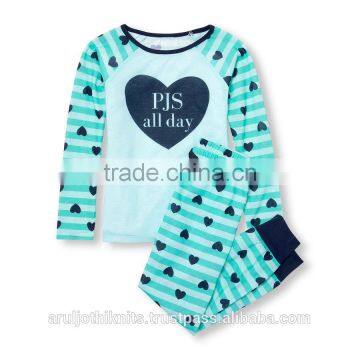 Stripes and heart printed girls raglan sleeve pajama set