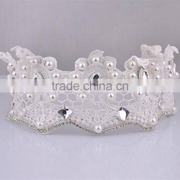 Flowers Lace Crown With Pearls Rhinestones Bridal Hair Accessories