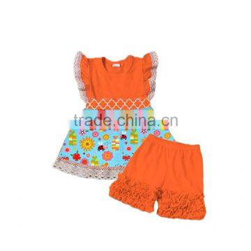 baby clothes clothing set flutter sleeve Floral print top orange kids clothing wholesale summer 2017