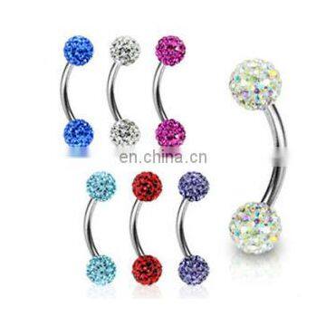 Curved barbell with crystal paved gem balls, 16 gauge ,eyebrow body piercing jewelry with CZ crystal