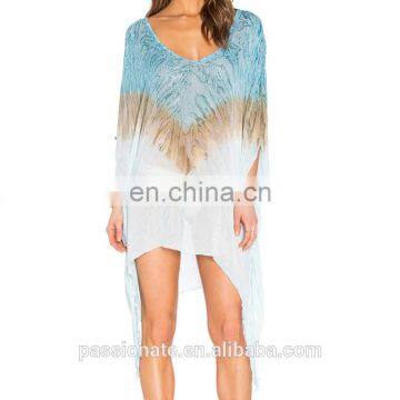 Semi sheer fabric asymmetric hem v neck cover ups