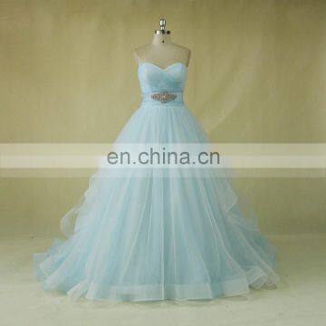 Latest style sweet heart strapless pleated long train A-line wedding dress with beads belt