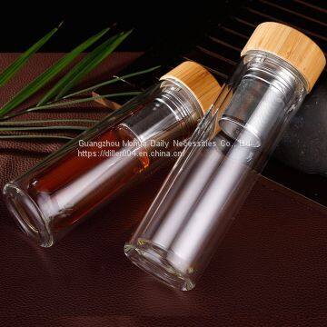 Double Wall Eco Pyrex Borosilicate Glass Tea Filter Infuser Drinking Water Bottle With Top Bamboo Lid