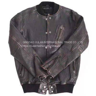 HOT SALE 2021 NEW FASHION MEN'S WASHED BASEBALL GENUINE SHEEPSKIN LEATHER JACKET photo-4