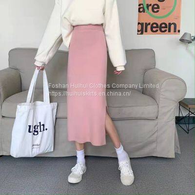 Black Split Knit Skirt Autumn and Winter New Women's 2021 Korean High Waist Versatile A-shaped One-step Skirt photo-3
