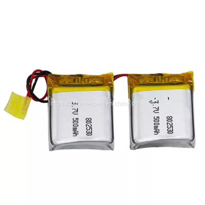 lithium ion polymer rechargeable pouch lipo 3.7v 500mAh 802530 battery cell for wearable devices