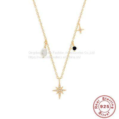 S925 Sterling Silver Octagonal Star Shaped Pearl Collarbone Necklace photo-3