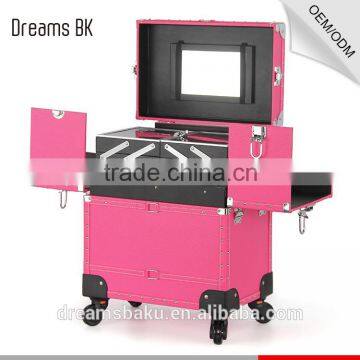 2016 Hot selling Pink color Functional professional Trolley case Makeup box cosmetic display Case