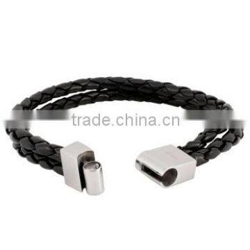 2016 hot sale unisex bracelets black double braided leather bracelet stainless steel clasp
