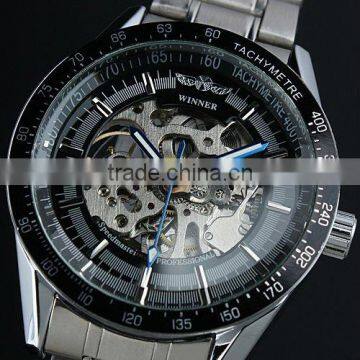 WM174 Mens Black Bezel Skeleton Stainless Steel Automatic Watch