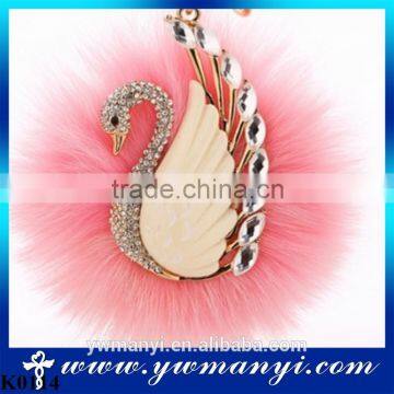 Hot Luxury Car Rhinestone Fox Fur Ball Key Chain women's car keychain plush fur ball swan keychain charm colored key chain K0114