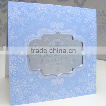 2016 hot sale romantic light blue acrylic wedding invitations with white screen printing&snowflake