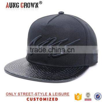 high-end 5 panel embroidery leather brim snapback cap