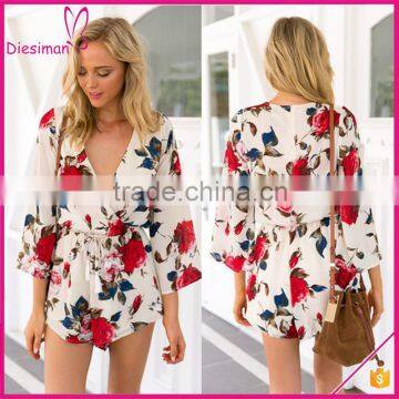 3/4 sleeve fashion wrap front beach floral romper womens playsuit