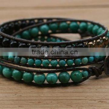 Turquoise Triple Wrap Leather Beaded Bracelet. Semiprecious beads. Czech glass, copper button.