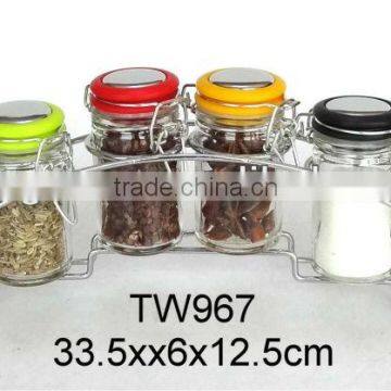 TW967 6pcs glass spice jar set with plastic lid and metal rack