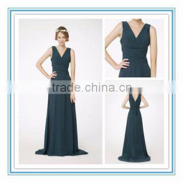 Latest V Neck Body Draped Empire Waist Bridesmaid Gown A-Line Floor Length Chiffon Bridesmaid Dress 2015(RHM-2107)