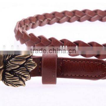 European and America ladies and women fashion solid rose buckle braided leather slim waist belt for dress and garment