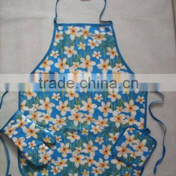 2016 silk screen pigment printing 3pcs cotton apron set with oven mitten pot holder set free samples China Supplier