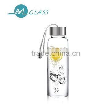 Portable 300ml borosilicate glass travel water bottle with stainless steel lid N6349