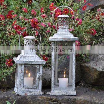 Set Of 2 Distressed Lanterns Metal Finish Rustic Tea Light Candle Holding Lanterns