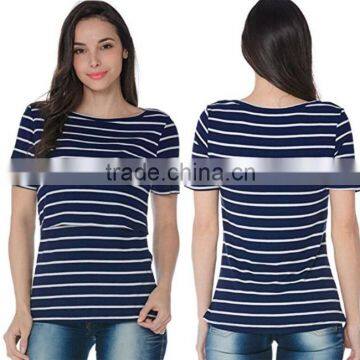 Fashion Duty Style 5% Spandex Women Maternity Nursing Top Round Neck Black And White Stripe Breastfeeding T Shirt