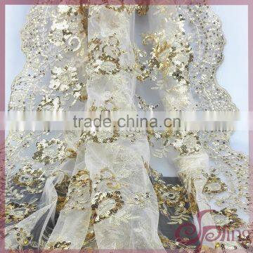 Gold metallic embroidery design mesh fabric, sequin fabric bridal lace fabrics for wedding dress