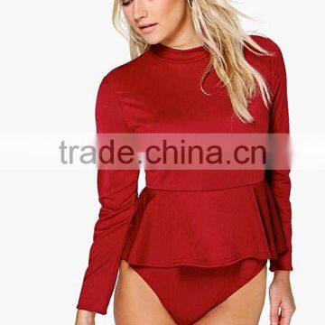 2016 Fashion Wholesale Custom Sexy Girl Plus Size Long Sleeve Plain Red Women Bodysuit