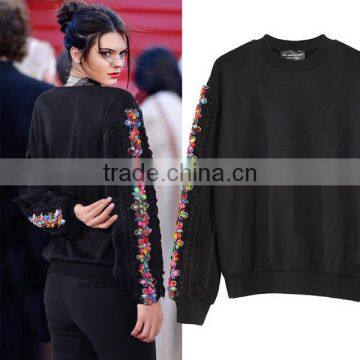 2017 Occident style spring loose hoodie women fashion pullover hoodie with unique sleeve ornament