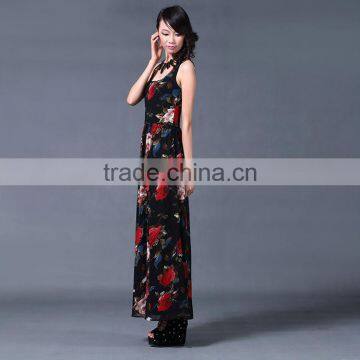 2017 China supplier clothing big red floral print black backing v neck maxi dress