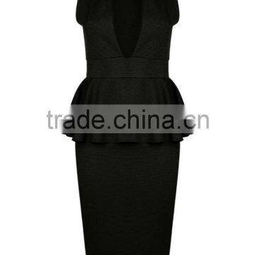 Yihao OEM Factory 2016 Women New Summer Latest Designs V Neck Midi Peplum Dress Fashion for Ladies photo-5