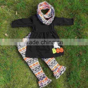 2-7t FALL/Winter Kids OUTFITS 3 Pieces Scarf Pant Sets Pumpkin Aztec Girls Halloween Boutique Clothes Kids Brown Top Sets photo-2