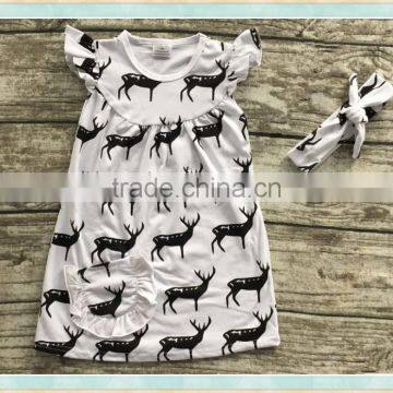 Children latest fashion dress designs white flutter sleeve print deer christmas dress toddler girl dress