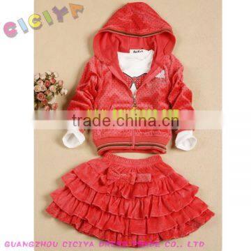 Girl popular bowknot designed velvet dress(hoody jacket+ long sleeve tshirt+melaleuca skirt)