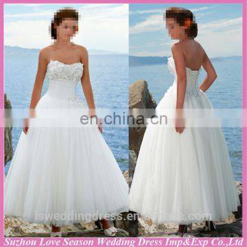 WD1295 New elegant hot sell corset back tea length ball gown gathered tulle long plain cheap beach wedding dresses