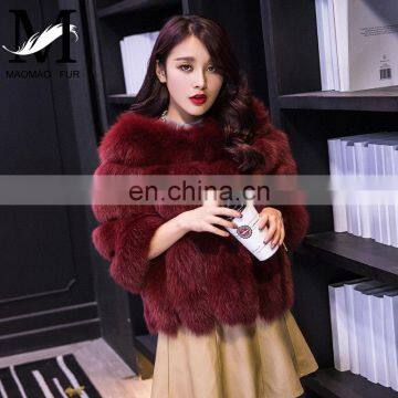 Genuine Whole Skin Fox Fur Warm Coat European Fashion Wine Red Winter Coats