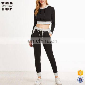 OEM factory wholesale tracksuit women black contrast trim crop hoodie with drawstring pants