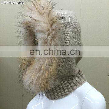 Winter Knit Fur Trim Hat Warm Raccoon Fur Beanie Scarf Hats Raccoon Fur Hooded Knitted Earflap Cap