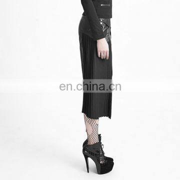Q-274 Punk Rave Gothic Black High-low Asymmetrical Pleated Vegan Leather Skirt photo-3
