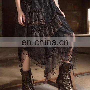 Steampunk Laces and Mesh Asymmetrical Cut Long Skirt photo-5