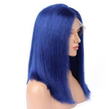 Wholesale unprocessed cuticle aligned silky straight bob 16inch blue human hair lace front wigs