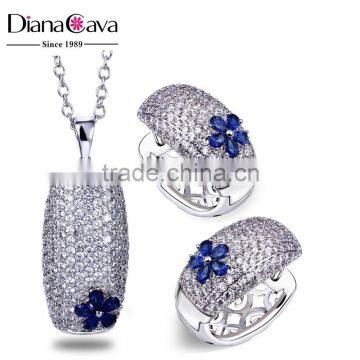 Hot Rectangle Pendant Flower Decor Blue Crystals CZ Small Fashion Jewelry Set