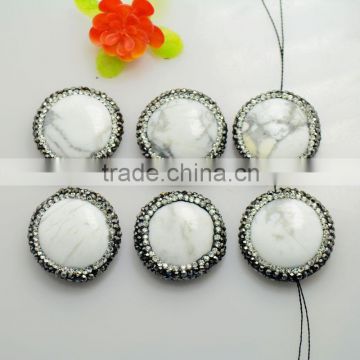 LFD-0073B Wholesale Natural Round White Howlite Druzy Turquoise Beads With Crystal Rhinestone Paved Bead For Bracelet / Necklace