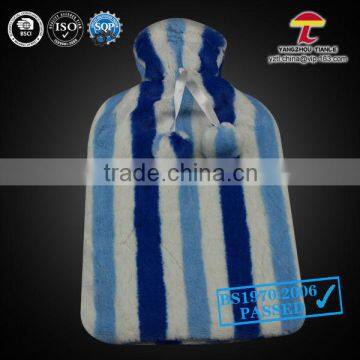 2000ml hot water bag coral fleece cover blue & white vertical bars