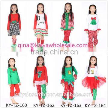 2015 baby girls elk applique chiffon ruffle top and stylish red&green polk dot pants set,christmas outfits for kids