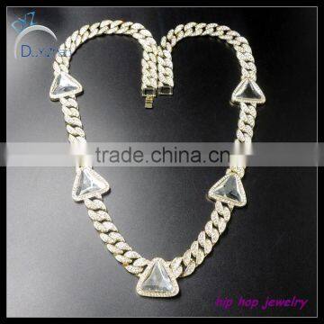 Mens Hip Hop White Triangle Gem Stone Necklace wwith Crystal