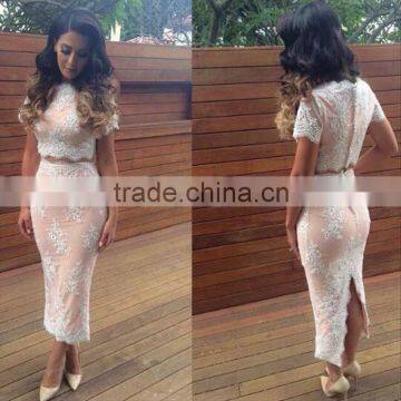 Short sleeve lace crop top and split back skirt two pieces for women